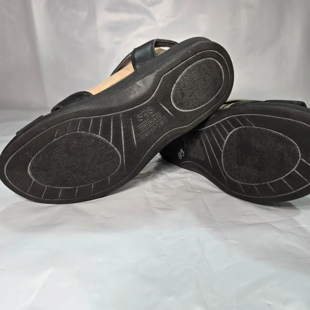 SAS Tripad Comfort Black Leather Wedge Sandals Womens 6.5 WW Wide Made in USA